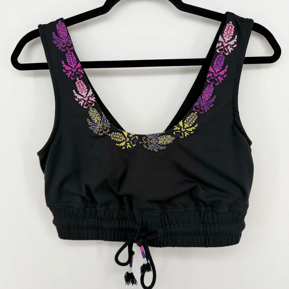 Free People Movement‎ Friday Night Lights Crop Top Black Embroidered Boho L NWOT